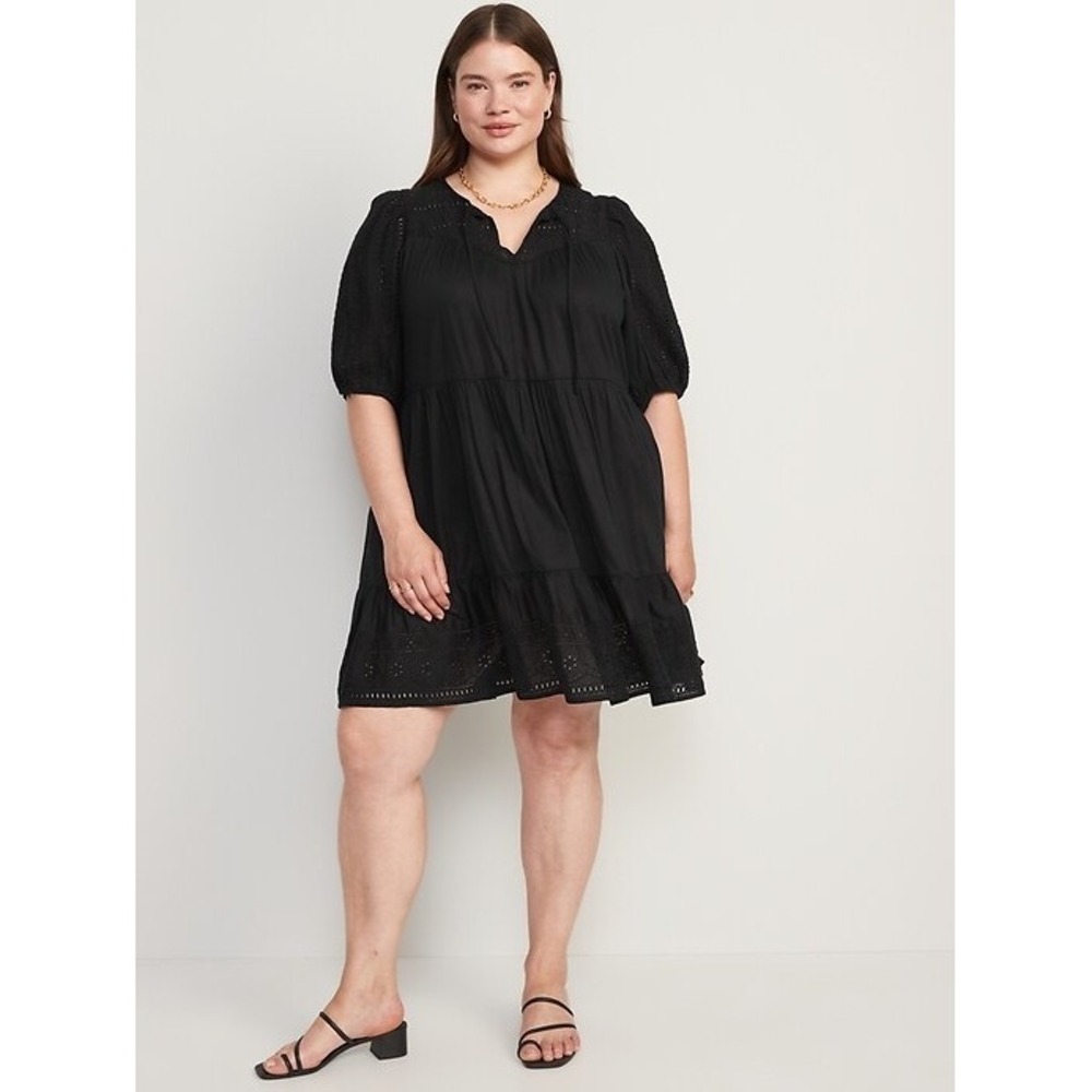 Old Navy Women's Size XL Puff-Sleeve Tiered Embroidered Mini Swing Dress Black